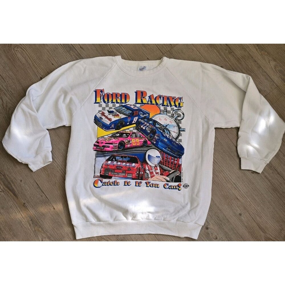 VTG Ford Racing "Catch It‎ If You Can" Crewneck Sweater Neon Graphic L